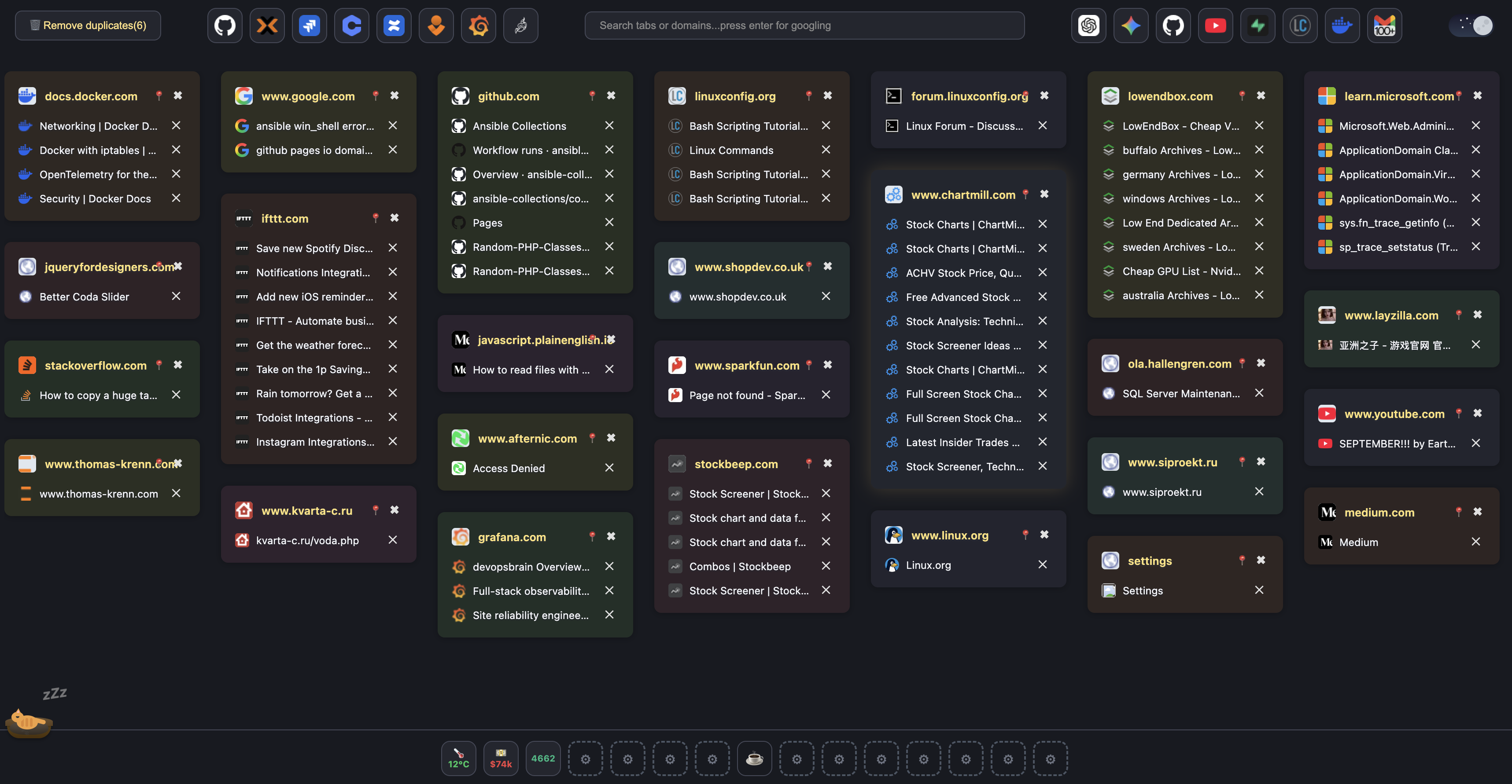 Smart Tabs panel — tabs grouped by site, search bar, and widgets